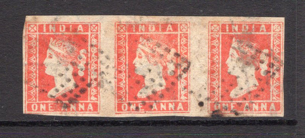 INDIA - 1854 - CLASSIC ISSUES & MULTIPLE: 1a red QV issue 'Die 1', a good used strip of three with mixed margins mostly clear of design. Small ink burn at lower right. (SG 11)  (IND/12601)