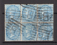 INDIA - 1865 - MULTIPLE: ½a blue on white paper QV issue with watermark, a fine used block of six with barred 'B' cancels. (SG 54)  (IND/12625)