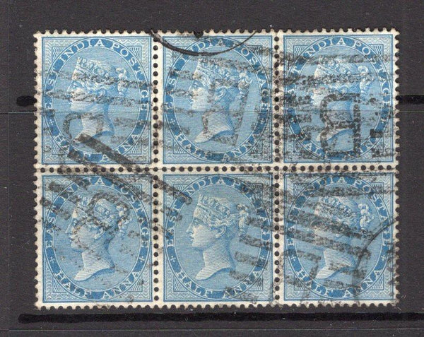 INDIA - 1865 - MULTIPLE: ½a blue on white paper QV issue with watermark, a fine used block of six with barred 'B' cancels. (SG 54)  (IND/12625)