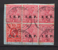 INDIA - INDIAN EXPEDITIONARY FORCE - 1915 - CANCELLATION: 1a carmine GV issue with 'I.E.F.' overprint a block of four & single used in combination with 1917 East Africa & Uganda Protectorate 6c scarlet with 'G.E.A.' overprint for use during the British occupation of German East Africa all tied on small piece by large BASE OFFICE B REG I.E.F. cds dated 15 FEB 1916 (also year is somewhat unclear) located at KILINDINI in KENYA. A rare combination item. (SG E3 & 48)  (IND/12691)