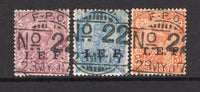 INDIA - INDIAN EXPEDITIONARY FORCE - 1917 - CANCELLATION: 2a purple, 2a 6p ultramarine and 3a orange GV issue with 'I.E.F.' overprint all used with good central large part strikes of Indian 'F.P.O. No. 22' cds dated 23 MAY 1917 assumed to be from the Garrison stationed at the re-occupied town of TAVETA in TANGANYIKA (now in Kenya) however the date is four months later that the recorded period of use. Rare group. (SG E5/E7)  (IND/12692)