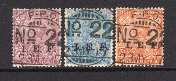 INDIA - INDIAN EXPEDITIONARY FORCE - 1917 - CANCELLATION: 2a purple, 2a 6p ultramarine and 3a orange GV issue with 'I.E.F.' overprint all used with good central large part strikes of Indian 'F.P.O. No. 22' cds dated 23 MAY 1917 assumed to be from the Garrison stationed at the re-occupied town of TAVETA in TANGANYIKA (now in Kenya) however the date is four months later that the recorded period of use. Rare group. (SG E5/E7)  (IND/12692)