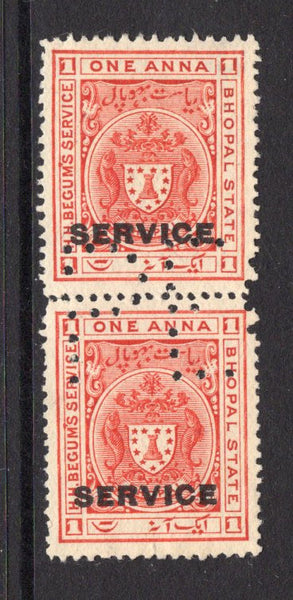 INDIAN STATES - BHOPAL - 1908 - SPECIMEN: 1a carmine red 'H.H. BEGUM'S SERVICE' Official issue, an unused vertical pair with part perforated 'SPECIMEN' by Perkins Bacon across the two stamps. (SG O302)  (IND/12715)