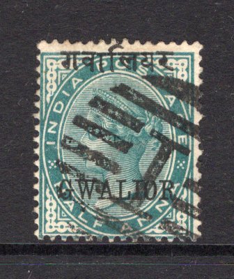 INDIAN STATES - GWALIOR - 1885 - CLASSIC ISSUES: ½a blue green QV with 'GWALIOR' overprint in black (wide spacing), a fine used copy. (SG 1)  (IND/12753)