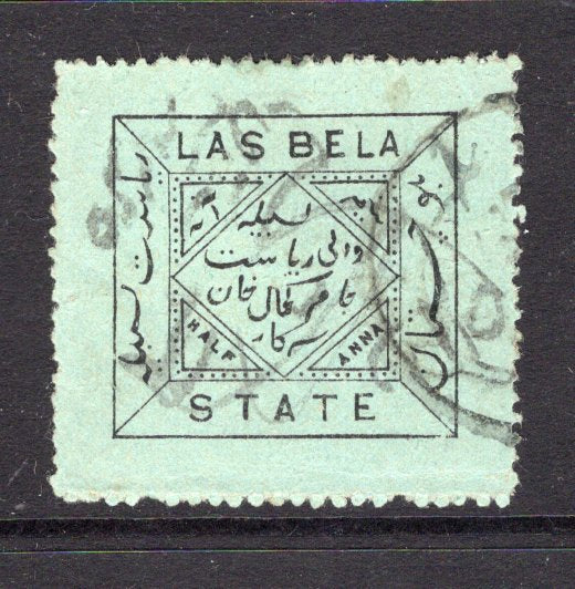 INDIAN STATES - LAS BELA - 1904 - NATIVE ISSUE: ½a black on pale green 'Wide Format' issue, perf 12'½, a fine used copy with manuscript cancel and part cds. Thinned on reverse. (SG 12c)  (IND/12814)