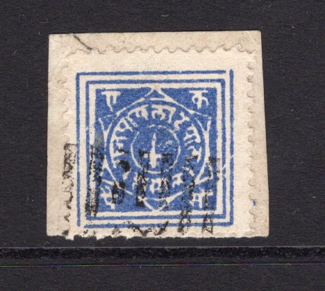 INDIAN STATES - RAJPIPLA - 1880 - CLASSIC ISSUES: 1p blue 'Native' issue, a fine used copy tied on small piece. (SG 1)  (IND/12862)