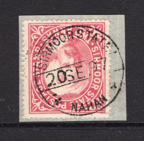 INDIAN STATES - SIRMOOR - 1885 - CANCELLATION: 2a rose red used on piece with fine central strike of NAHAN cds dated 20 SEP 1897. (SG 9a)  (IND/12866)