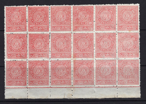 INDIAN STATES - TRAVANCORE - 1889 - MULTIPLE: 10ca pink with Watermark 'A' sideways, rough perf 12, a fine mint bottom marginal block of eighteen. (SG 27)  (IND/12878)