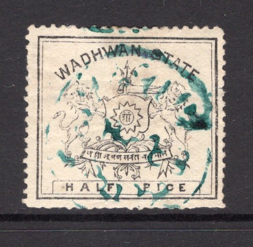 INDIAN STATES - WADHWAN - 1888 - CLASSIC ISSUES: ½p black on thick off white wove paper, perf 12. A fine used copy with green cds cancel. (SG 5)  (IND/12921)