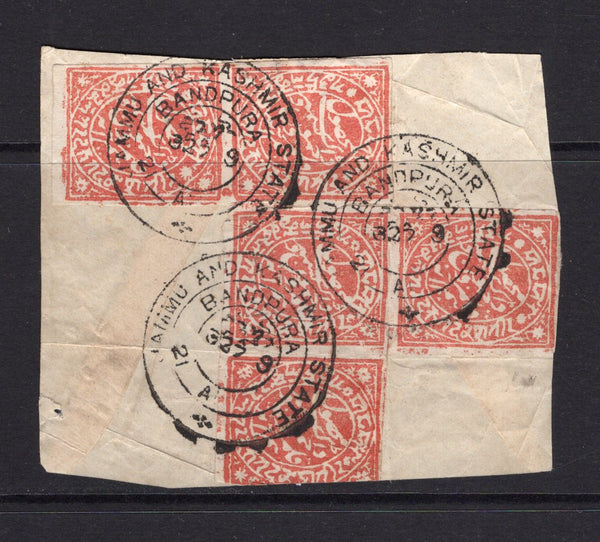 INDIAN STATES - JAMMU AND KASHMIR - 1879 - CLASSIC ISSUES: ½a red on thin wove paper, an irregular block of five on large part of the reverse of an envelope tied by three fine strikes of BANDPURA cds. (SG 126)  (IND/12936)
