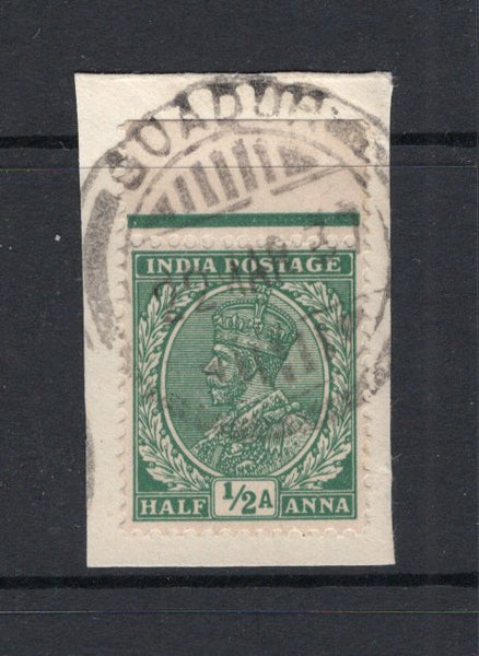 INDIA - 1932 - INDIA USED IN OMAN: ½a green GV issue of India, a fine top marginal copy used on piece with fine complete strike of GUADUR cds dated 22 MAR 1937. Scarce. (SG 232)  (IND/13071)