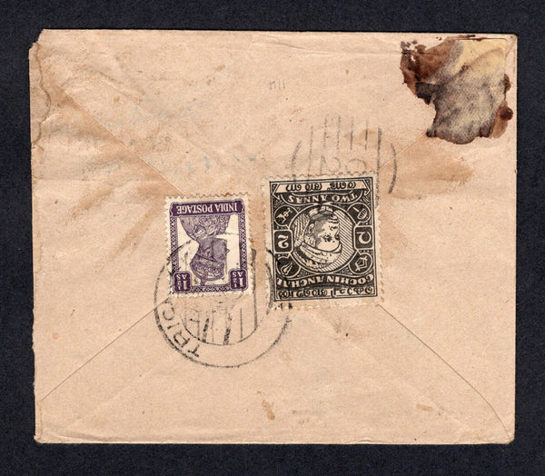 INDIAN STATES - COCHIN - 1948 - MIXED FRANKING: 1a magenta on buff postal stationery envelope of Travancore-Cochin (H&G B2) sent registered with added Cochin 1948 2a black (SG 114) and India 1940 1½a dull violet GVI issue (SG 269c) tied on reverse by barred numeral 'C 2' cancels of AYILUR with additional AYILUR cds on front and light boxed REGISTERED marking. Addressed to TRICHUR with arrival cds on reverse. Unusual combination of three different areas stamps.  (IND/13427)