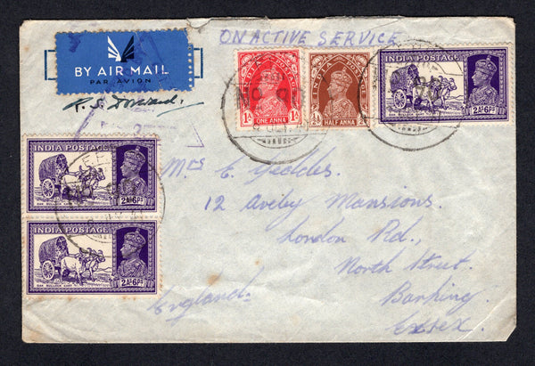 INDIA - 1941 - MILITARY MAIL: Airmail cover franked with 1937 ½a red brown, 1a carmine and 3 x 2a 6p bright violet GVI issue (SG 248, 250 & 252) all tied by 'F.P.O. No. 90' cds's dated 9 JUL 1941 located in the Fiat Car Showrooms in ASMARA, ERITREA. Addressed to UK.  (IND/20184)