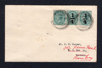 INDIA - 1938 - INDIA USED IN OMAN - MEKRAN COAST: Cover franked with India 1882 ½a blue green and pair ¼a on ½a blue green QV issue (SG 85 & 110) used in 1938 tied by two strikes of PASNI cds (Port on the coast located in the GUADUR region). Addressed to KARACHI and redirected to BOMBAY with transit and arrival marks on reverse. Very unusual.  (IND/20239)