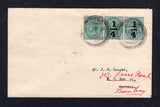 INDIA - 1938 - INDIA USED IN OMAN - MEKRAN COAST: Cover franked with India 1882 ½a blue green and pair ¼a on ½a blue green QV issue (SG 85 & 110) used in 1938 tied by two strikes of PASNI cds (Port on the coast located in the GUADUR region). Addressed to KARACHI and redirected to BOMBAY with transit and arrival marks on reverse. Very unusual.  (IND/20239)