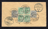 INDIA - 1912 - DESTINATION: Cover franked on reverse with 1902 2 x 3p grey and 4 x ½a yellow green EVII issue (SG 119 & 121) tied by multiple strikes of MUNDRA cds. Addressed to BAGAMOYO, GERMAN EAST AFRICA with DARESSALAM transit and BAGAMOYO arrival cds's on reverse.  (IND/20242)