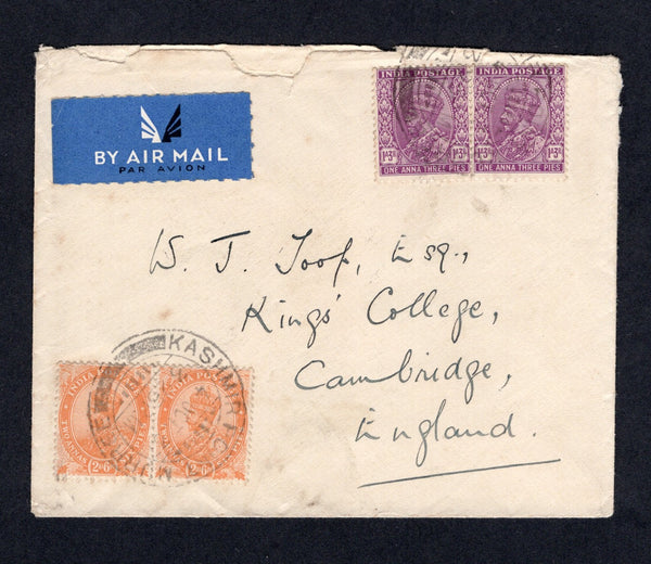 INDIA - 1937 - AIRMAIL: Cover franked with 1926 pair 2a 6p orange and 1932 pair 1a 3p mauve GV issue (SG 207 & 235) tied KASHMIR POINT MURREE cds's with blue & white airmail label alongside. Addressed to UK with boxed LAHORE transit mark on reverse.  (IND/20254)