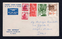 INDIA - 1971 - REFUGEE RELIEF: Airmail cover franked with 1965 5p cerise, 1971 20p green, 20p scarlet and 20p orange & deep brown plus 5p cerise with 'REFUGEE RELIEF' local handstamp in purple (SG 506, 638, 645 & 652) tied by YERCAUD cds's. Addressed to ITALY.  (IND/20264)