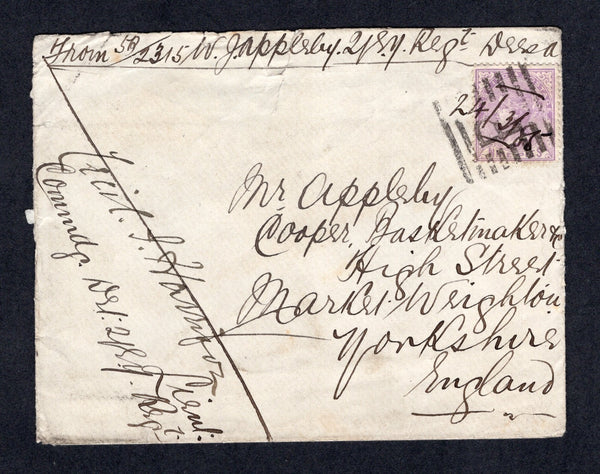 INDIA - 1885 - MILITARY MAIL: Soldiers letter with manuscript 'From 5A/2315 W. Applesby 21 SY REGT DEESA' at top franked with 1874 9p pale mauve (SG 78) tied by manuscript '24/3/85' date and square barred 'B' cancel with fine DEESA cds on reverse. Counter signed by the commanding officer on front. Addressed to UK with arrival marks on reverse.  (IND/20270)