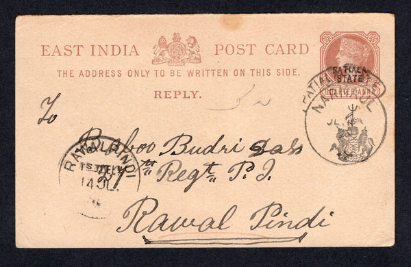 INDIAN STATES - PATIALA - 1896 - CANCELLATION: ¼a red brown on cream QV postal stationery card with 'PATIALA STATE' and 'Arms' overprint (H&G 14) reply half only used with fine NARNAUL cds. Addressed to RAWALPINDI with arrival cds on front.  (IND/20305)