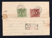 INDIAN STATES - COCHIN - 1938 - CANCELLATION: Registered wrapper franked with 1938 6p red brown and 2¼a sage green (SG 69 & 71) tied by two fine strikes of barred numeral 'C 31' of PUDUKAD with two fine strikes of PUDUKAD A.O. cds on reverse and boxed 'Native' registration marking on front. Addressed to locally. Uncommon issue on cover.  (IND/20314)