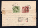 INDIAN STATES - COCHIN - 1938 - CANCELLATION: Registered wrapper franked with 1938 6p red brown and 2¼a sage green (SG 69 & 71) tied by two fine strikes of barred numeral 'C 31' of PUDUKAD with two fine strikes of PUDUKAD A.O. cds on reverse and boxed 'Native' registration marking on front. Addressed to locally. Uncommon issue on cover.  (IND/20314)
