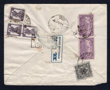 INDIAN STATES - HYDERABAD - 1944 - REGISTRATION & COMBINATION MAIL: Registered cover franked on reverse with 1931 4p black and pair 2a violet plus India 1940 3 x 1½a dull violet  (SG 41, 44 & 269c) tied by 'Native' cds's and by 'English' HYDERABAD DECCAN cds's with printed 'Native' registration label on front and additional blue & white printed 'HYDERABAD DECCAN 91' registration label on reverse. Addressed to BOMBAY with arrival mark on reverse.  (IND/20324)