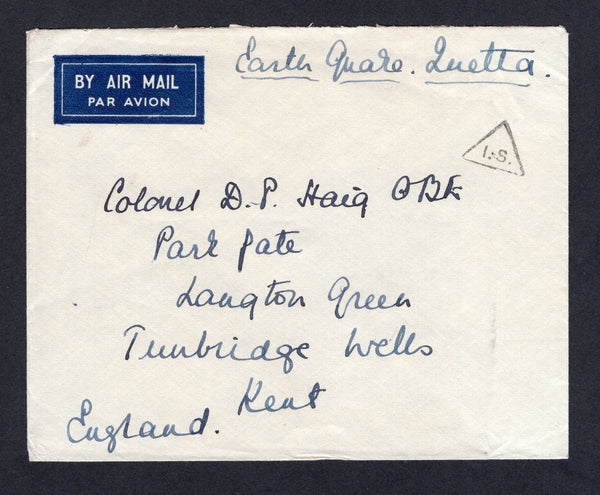 INDIA - 1935 - EARTHQUAKE MAIL: Stampless airmail cover with manuscript 'Earth Quake Quetta' at top and good strike of the small triangular 'I.S.' marking on front and M.A. QUETTA R.M.S. cds dated 4 JUN 1935 on reverse. Addressed to UK. Scarce.  (IND/21907)