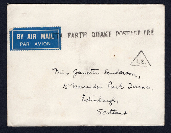 INDIA - 1935 - EARTHQUAKE MAIL: Stampless airmail cover with 'British Consulate' embossing on reverse and fine strike of straight line 'EARTH QUAKE POSTAGE FREE' marking in black on front and good strike of the small triangular 'I.S.' marking alongside with  QUETTA R.M.S. cds dated 14 JUN 1935 on reverse. Addressed to UK. Scarce.  (IND/21908)