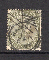 INDIA - 1882 - CANCELLATION: 4a slate green QV issue used with fine strike of RAJKOT squared circle cds dated 8 NOV 1890. (SG 96)  (IND/24451)
