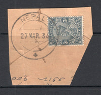 INDIA - 1926 - INDIA USED IN NEPAL: 3p slate GV issue tied on piece by fine strike of large NEPAL cds dated 27 MAR 1936. (SG 201)  (IND/28370)