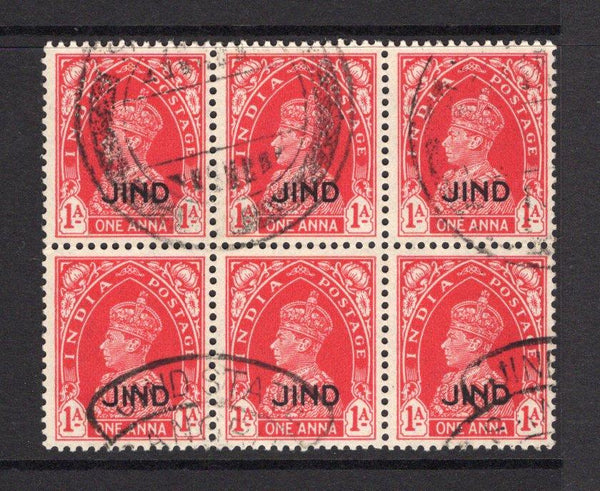 INDIAN STATES - JIND - 1941 - MULTIPLE: 1a carmine GVI issue with 'JIND' overprint, a fine cds used block of six. A nice used multiple. (SG 130)  (IND/32294)