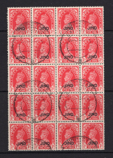 INDIAN STATES - JIND - 1941 - MULTIPLE: 1a carmine GVI issue with 'JIND' overprint, a fine cds used block of twenty. A very scarce used multiple. (SG 130)  (IND/32296)