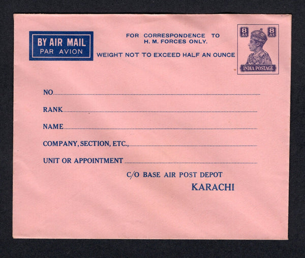 INDIA - 1946 - POSTAL STATIONERY: 8a purple on pink GVI postal stationery airmail envelope (H&G IFB2) for military use in sending mail to and from soldiers. Inscribed 'C/o base air post depot KARACHI' at foot. Fine unused.  (IND/3663)