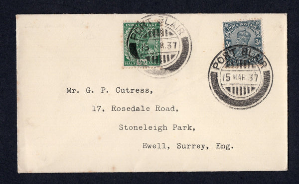 INDIA - 1937 - INDIA USED IN THE ANDAMAN ISLANDS: Cover franked with 1926 3p slate and 1932 ½a green GV issue (SG 201 & 232) tied by two fine strikes of PORT BLAIR cds dated 15 MAR 1937. Addressed to UK. Very fine & scarce.  (IND/37166)