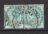 INDIAN STATES - NABHA - 1885 - QV ISSUE & MULTIPLE: ½a blue green QV issue with 'NABHA STATE' overprint in red, a fine used pair with neat NABHA cds. (SG 10)  (IND/37475)