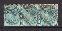 INDIAN STATES - NABHA - 1885 - QV ISSUE & MULTIPLE: ½a blue green QV issue with 'NABHA STATE' overprint in red, a fine used strip of three with neat NABHA cds's. (SG 10)  (IND/37476)