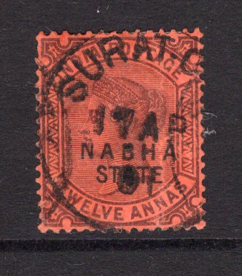 INDIAN STATES - NABHA - 1885 - CANCELLATION & OUT OF STATE USE: 12a purple on red QV issue used out of state with SURAT CITY cds dated 17 APR 1901. (SG 28)  (IND/37477)