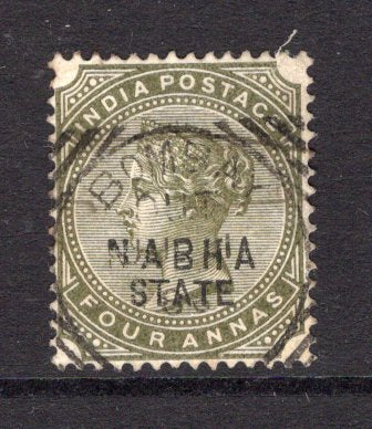 INDIAN STATES - NABHA - 1885 - CANCELLATION & OUT OF STATE USE: 4a slate green QV issue used out of state with BOMBAY squared circle cds dated JUN 1 1886. (SG 24)  (IND/37478)