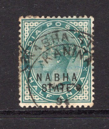 INDIAN STATES - NABHA - 1885 - CANCELLATION: ½a blue green QV issue used with fine strike of small KANINA squared circle cds dated NOV 20 1894. Scarce. (SG 14)  (IND/37481)