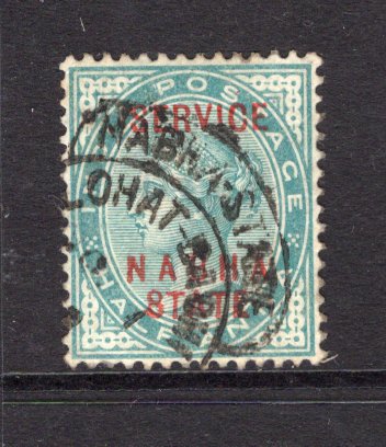 INDIAN STATES - NABHA - 1885 - CANCELLATION: ½a blue green QV 'SERVICE' issue with 'NABHA STATE' & 'SERVICE' overprints in red, a fine used copy with good strike of small LOHAT-BADHI squared circle cds. (SG O4)  (IND/37484)