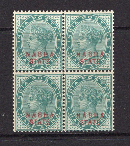 INDIAN STATES - NABHA - 1885 - MULTIPLE: ½a blue green QV issue with 'NABHA STATE' overprint in red, a fine mint block of four. (SG 10)  (IND/37486)