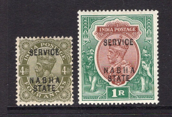 INDIAN STATES - NABHA - 1913 - GV ISSUE: 4a olive and 1r red brown & deep blue green GV 'SERVICE' issue, the pair fine mint. (SG O37/O38)  (IND/37502)