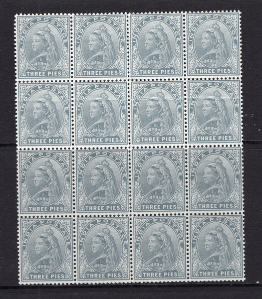 INDIA - 1900 - MULTIPLE: 3p grey QV issue, a fine mint block of sixteen. Light crease through one row of stamps. (SG 112)  (IND/37589)