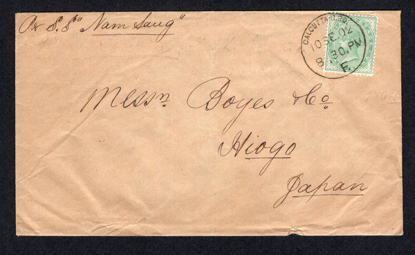 INDIA - 1902 - DESTINATION: Unsealed cover with manuscript 'Per S.S. Nam Sang' ship endorsement at top franked with 1900 ½r pale yellow green QE2 issue (SG 113) tied by fine CALCUTTA G.P.O. cds dated 10 SEP 1902. Addressed to HIOGO, JAPAN. Scarce destination.  (IND/38461)