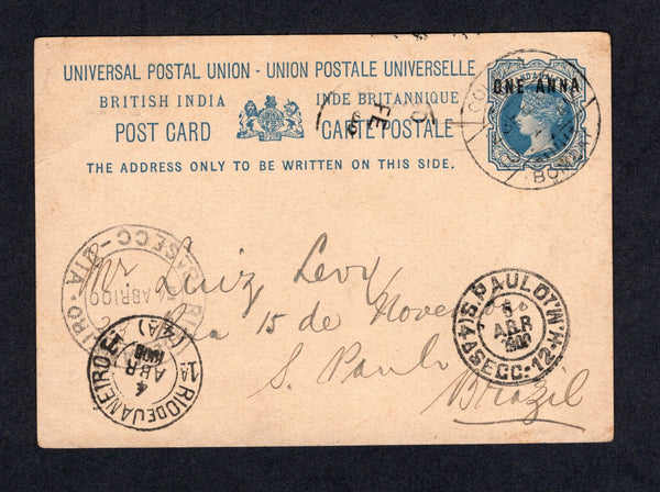 INDIA - 1900 - DESTINATION: 1a on ½a blue QV postal stationery card (H&G 9) used with COLABA BOMBAY cds dated 28 FEB 1900. Addressed to S. PAULO, BRAZIL with two different RIO DE JANEIRO transit cds's and S. PAULO arrival cds all on front.  (IND/40687)