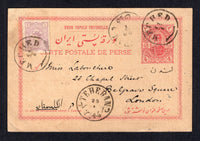 IRAN - 1896 - POSTAL STATIONERY: 4ch red on cream postal stationery card (H&G 6) used with added 1894 1ch mauve (SG 102) tied by MECHED cds's. Addressed to UK with TEHERAN transit cds on front. Fine & scarce.  (IRA/20458)