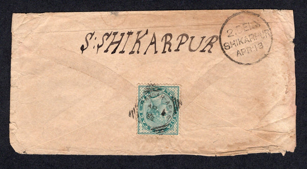 IRAN - 1886 - INDIA USED IN IRAN: Cover franked on reverse with India 1882 ½a blue green QV issue (SG 85) tied by small BANDAR-ABAS squared circle cds. Addressed to INDIA with SHIKARPUR arrival cds on reverse.  (IRA/20480)