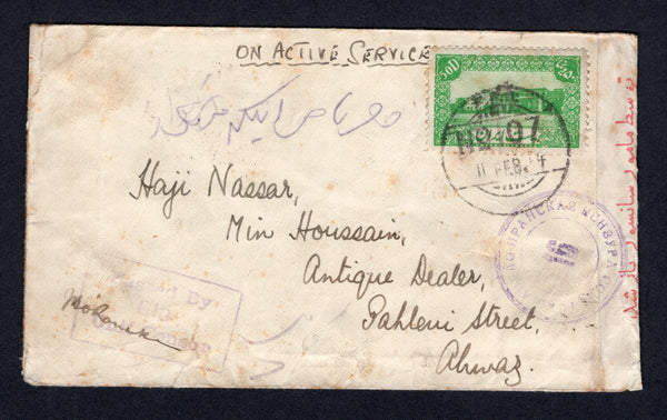 IRAN - 1944 - INDIAN FPO: Cover with manuscript 'On Active Service' at top franked with single 1942 50d emerald green (SG 860) tied by Indian F.P.O. No. 107 cds dated 11 FEB 1944 located at AHWAZ. Addressed to AHWAZ with boxed 'Passed by Unit Censor 810' marking and additionally censored by the Russian authorities with red on white 'Farzi' censor strip tied by circular 'ANGLO-SOVIET-PERSIAN' censor mark in violet. Routed via Indian F.P.O. No.105 located at SULTANABAD with cds on reverse plus AHWAZ arrival 