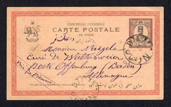 IRAN - 1892 - POSTAL STATIONERY & CANCELLATION: 2½ch red & black on buff 'Nasr-ed-Din' postal stationery card (H&G 4) datelined 'Khorrosia (Perse) le 7 mai 1892' used with two strikes of DILMAN cds a small town in Azerbaijan. Addressed to GERMANY with TAURIS transit cds on reverse. A scarce origination at this date.  (IRA/38091)